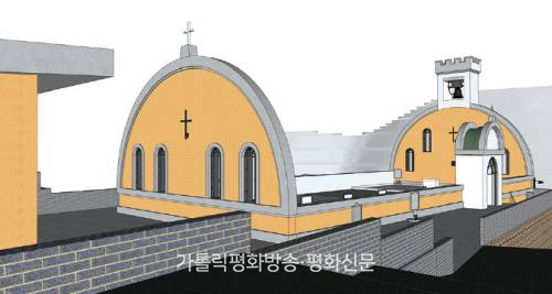 									복원 공사를 통해 ‘지붕없는 성전 기도의 벽’ 콘셉트로 새로 꾸며지는 원주교구 황지본당 상동공소 조감도. 								