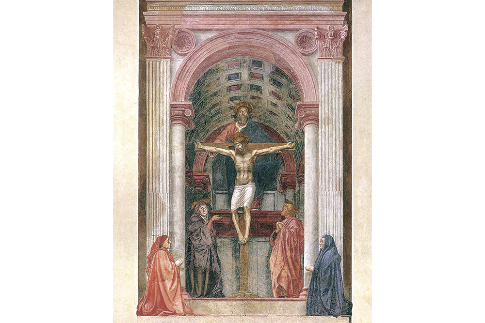 									삼위일체는 하느님께서 당신 존재를 계시하신 신비이며 거룩한 표징이다. 마사초, ‘삼위일체이신 하느님’, 프레스코, 1426~1428, 산타 마리아 노벨라 대성전, 피렌체, 이탈리아.   								