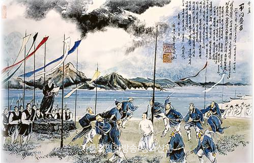 									한국인 첫 사제 김대건 신부는 1846년 9월 16일 새남터에서 순교했다. 그림은 탁희성 화백의 김대건 신부 순교화. 								