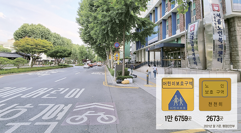 									서울노인복지센터 앞 도로, 노인복지시설이지만 어린이 보호 글자만 쓰여 있다. 								